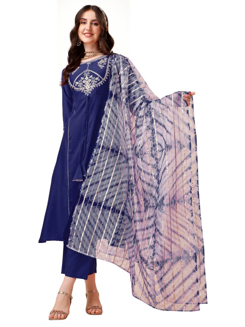 EthnicJunction Women's Cotton Silk Embroidered A-line Front Slit Kurta Palazzo & Organza Dupatta Set Navy - Image 1