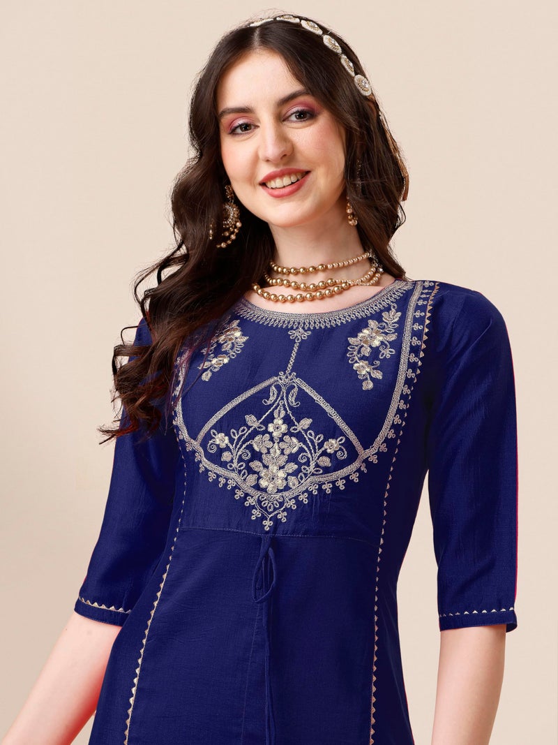 EthnicJunction Women's Cotton Silk Embroidered A-line Front Slit Kurta Palazzo & Organza Dupatta Set Navy - Image 5