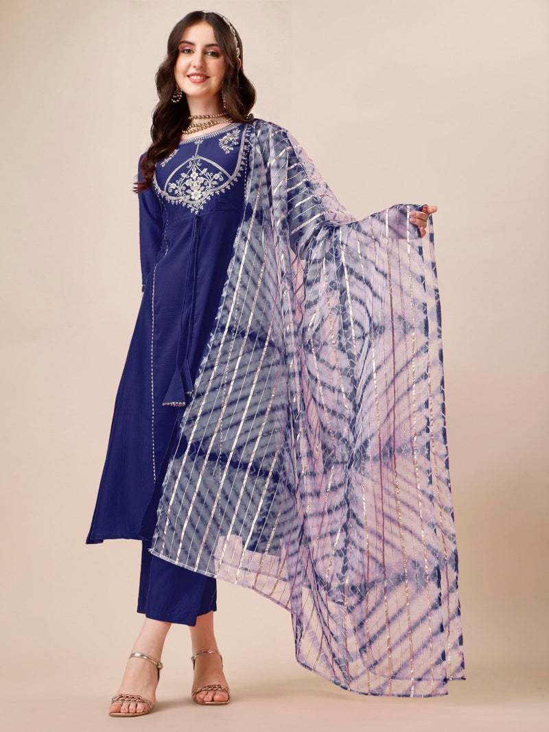 EthnicJunction Women's Cotton Silk Embroidered A-line Front Slit Kurta Palazzo & Organza Dupatta Set Navy - Image 3