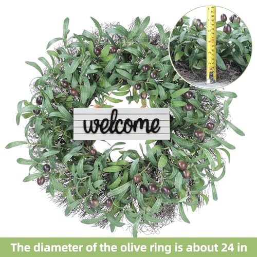 Huadanbor Olive Wreath, 24" Spring Wreaths for Front Door, Artificial Olive Leaf & Bean, Welcome Sign, Multiple Occasions for Summer, Fall and Winter, Indoors,Outdoors,Offices. (Green) - Image 3