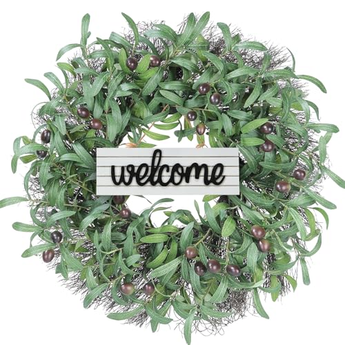 Huadanbor Olive Wreath, 24" Spring Wreaths for Front Door, Artificial Olive Leaf & Bean, Welcome Sign, Multiple Occasions for Summer, Fall and Winter, Indoors,Outdoors,Offices. (Green) - Image 1