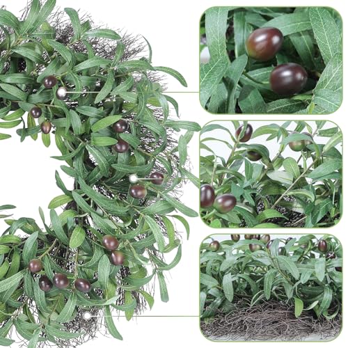 Huadanbor Olive Wreath, 24" Spring Wreaths for Front Door, Artificial Olive Leaf & Bean, Welcome Sign, Multiple Occasions for Summer, Fall and Winter, Indoors,Outdoors,Offices. (Green) - Image 2