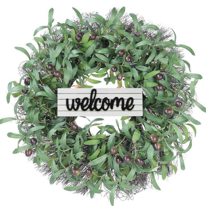 Huadanbor Olive Wreath, 24" Spring Wreaths for Front Door, Artificial Olive Leaf & Bean, Welcome Sign, Multiple Occasions for Summer, Fall and Winter, Indoors,Outdoors,Offices. (Green) - Image 4