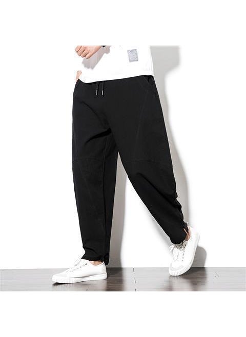 Generic - Loose Mens Linen Pants Low Waist Harlan Style Casual Long Trousers Cotton Linen Lantern Pants Trendy Straight Leg Trousers Black [K13] version - Image 1