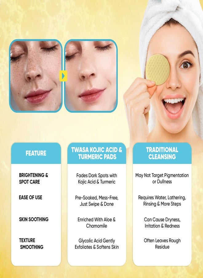 Twasa Kojic Acid & Turmeric Face Cleansing Pads (60 Pads) | Fades Dark Spots, Skin Brightening & Tan Removal | With Glycolic Acid | Skin Care Product For Men & Women | (Pack of 1) - Image 4