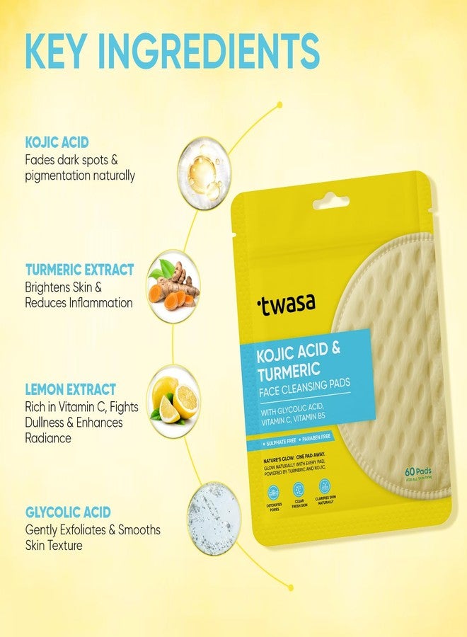 Twasa Kojic Acid & Turmeric Face Cleansing Pads (60 Pads) | Fades Dark Spots, Skin Brightening & Tan Removal | With Glycolic Acid | Skin Care Product For Men & Women | (Pack of 1) - Image 3
