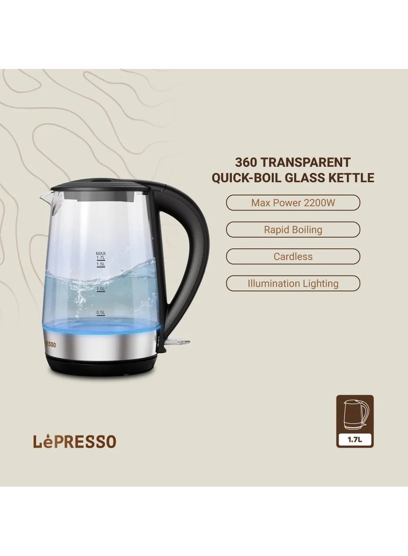 LePRESSO 360 Transparent Quick-Boil Glass Kettle 1.7L 2200W / Cordless / Glass Electric Kettle / Rapid boiling / Sleek Design / Illumination lightning- Black  - Image 3