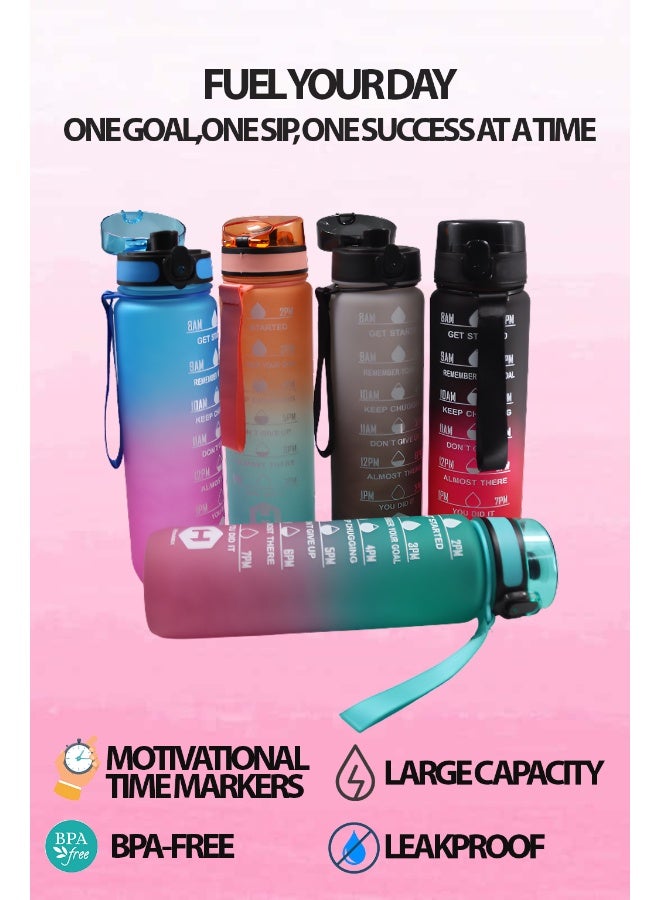 توشيونيكس زجاجة مياه تحفيزية سعة 1000 مل مع علامات زمنية وغطاء قابل للقفل بلمسة واحدة ومقبض حمل واحد - خالية من مادة BPA وغطاء مانع للتسرب وصديقة للبيئة ومصنوعة من البلاستيك وقابلة لإعادة الاستخدام وتذكير بالشرب للبالغين والأطفال في المدرسة والمكتب والترطيب اليومي والصالة الرياضية واللياقة البدنية والأنشطة الخارجية والرياضة والسفر، زجاجة سعة 32 أونصة - Image 2