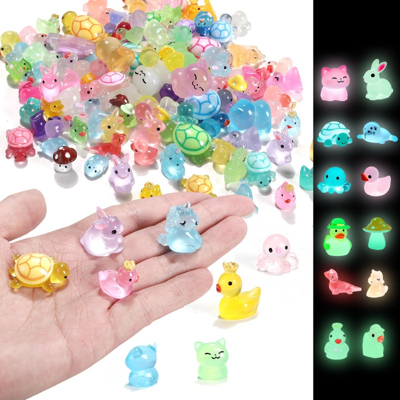IHFAIO 100PCs Mini Resin Animals, Mini Ducks Unicorns Rabbits Dolphin Frog Dinosaur Cat Luminous Animals Glow in The Dark to Hide Around The Office Home for DIY Garden Dollhouse Combination - Image 1