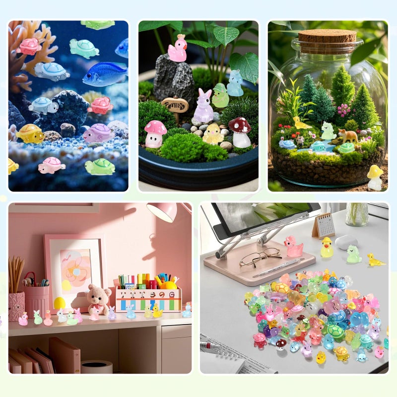 IHFAIO 100PCs Mini Resin Animals, Mini Ducks Unicorns Rabbits Dolphin Frog Dinosaur Cat Luminous Animals Glow in The Dark to Hide Around The Office Home for DIY Garden Dollhouse Combination - Image 3