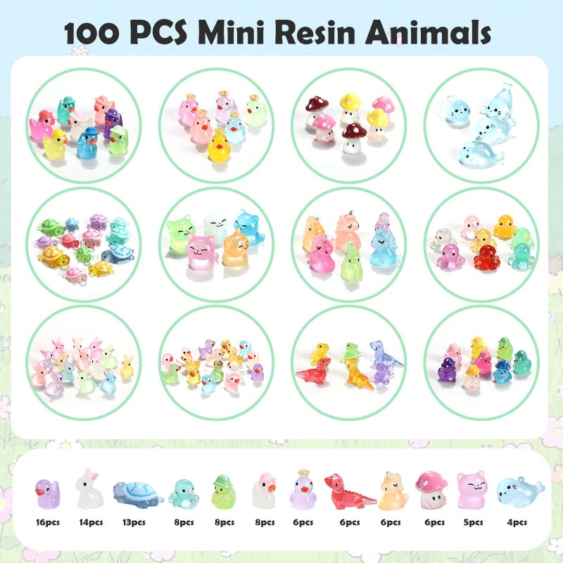 IHFAIO 100PCs Mini Resin Animals, Mini Ducks Unicorns Rabbits Dolphin Frog Dinosaur Cat Luminous Animals Glow in The Dark to Hide Around The Office Home for DIY Garden Dollhouse Combination - Image 2