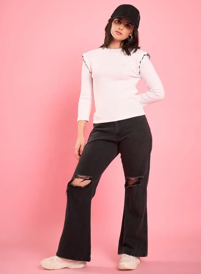 WineRed Women White Ruffle Trim Ribbed Top