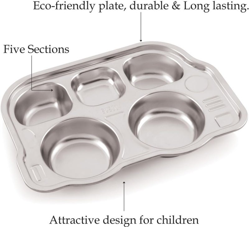 Yes Kitchen Stainless Steel Kids Bus Shape 5 Compartment Plates for Kids for Food Dinner Plate - Image 3