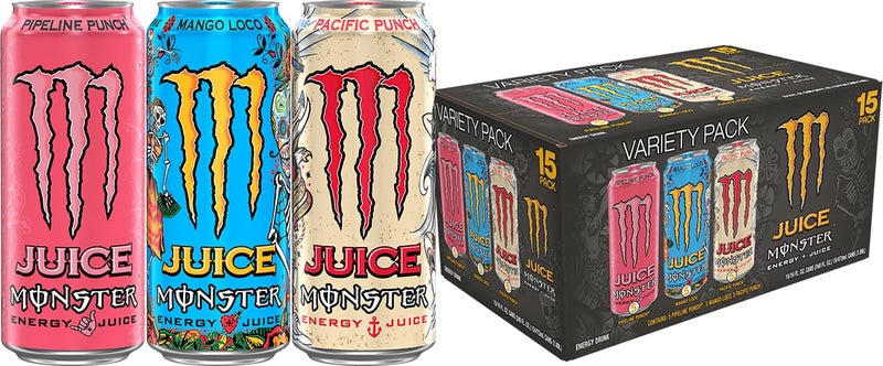 Monster Energy Juice Monster Variety Pack, Pipeline Punch, Mango Loco, Pacific Punch, Energy+Juice, Energy Drink, 16 Ounce (Pack of 15) - Image 1