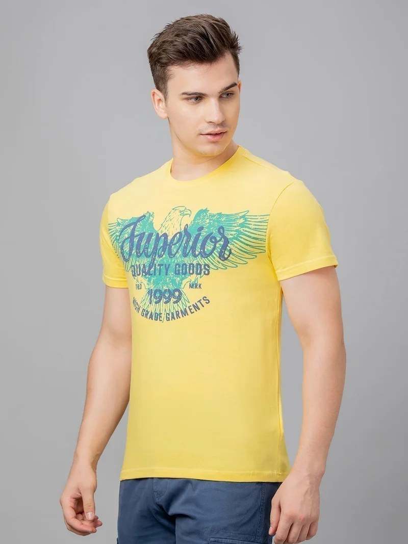 globus Globus Men Yellow Printed Cotton Round Neck Regular Fit T-shirt
