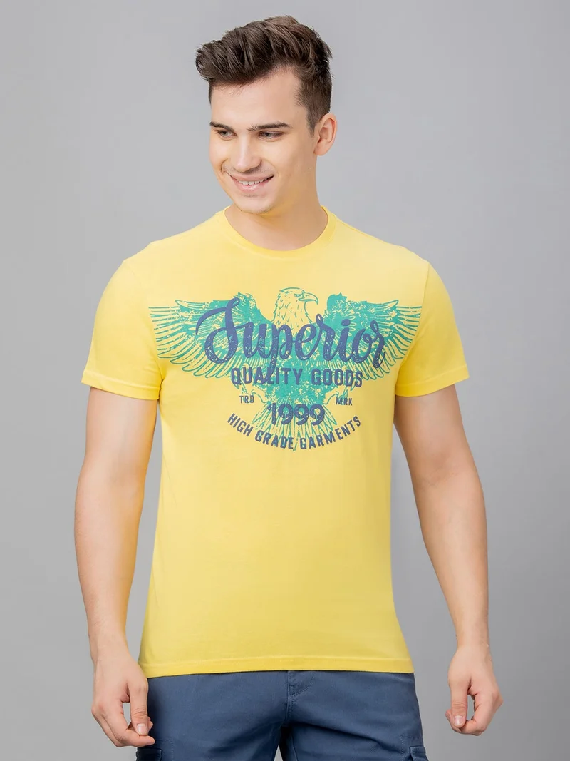 globus Globus Men Yellow Printed Cotton Round Neck Regular Fit T-shirt
