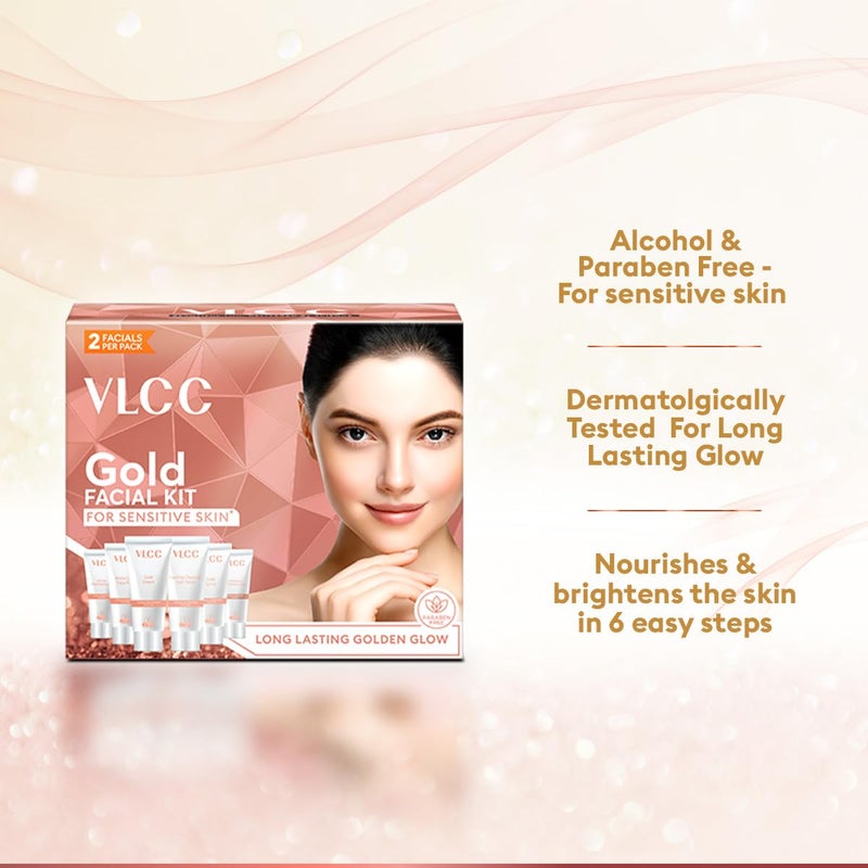 VLCC Gold Facial Kit for Sensitive Skin 60g Alcohol Paraben Free Enriched with 24K Gold Hyaluronic Acid Vitamin C Safe Gentle for Sensitive Skin - Image 5