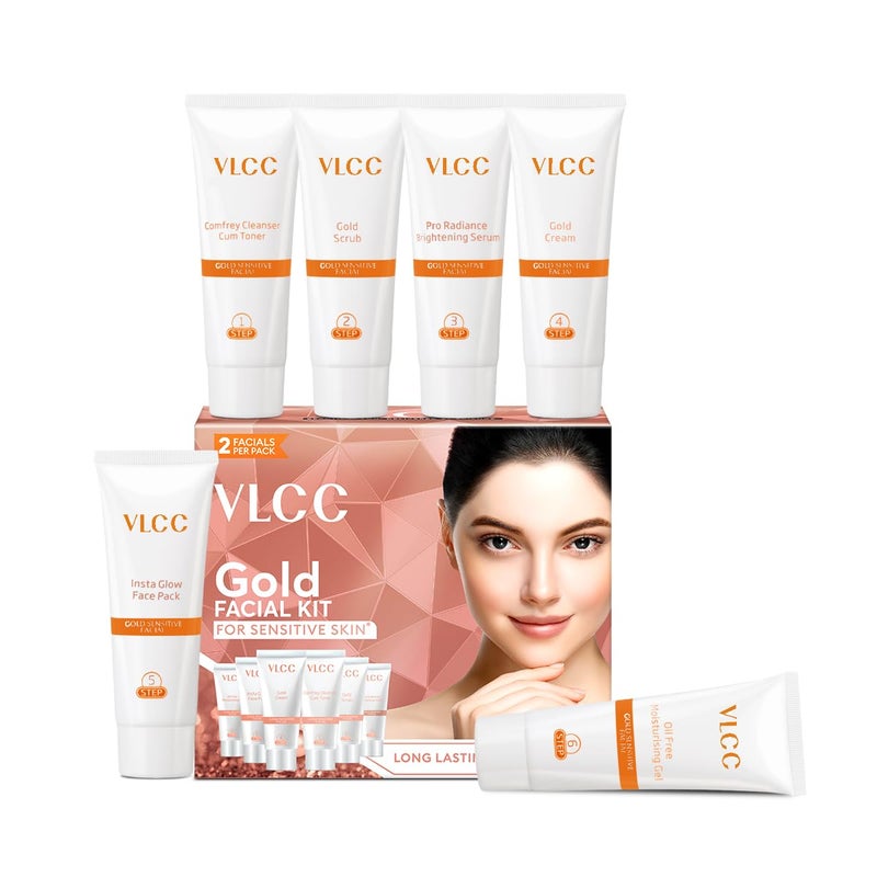 VLCC Gold Facial Kit for Sensitive Skin 60g Alcohol Paraben Free Enriched with 24K Gold Hyaluronic Acid Vitamin C Safe Gentle for Sensitive Skin - Image 3