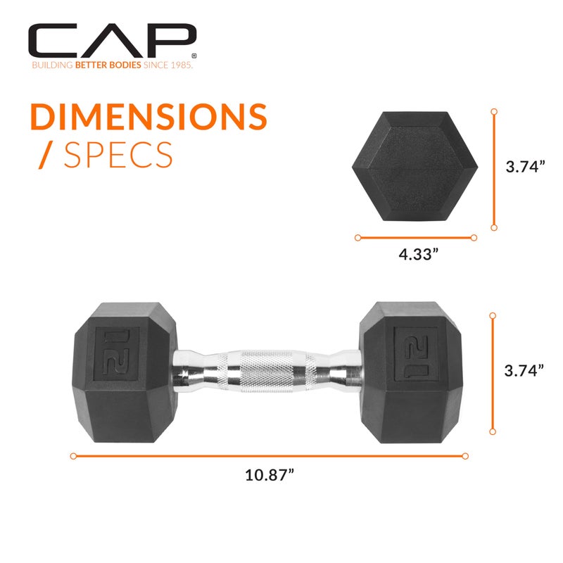 CAP Barbell 12 LB Rubber Coated Hex Dumbbell Hand Weight - Single | Chrome Handle - Image 4
