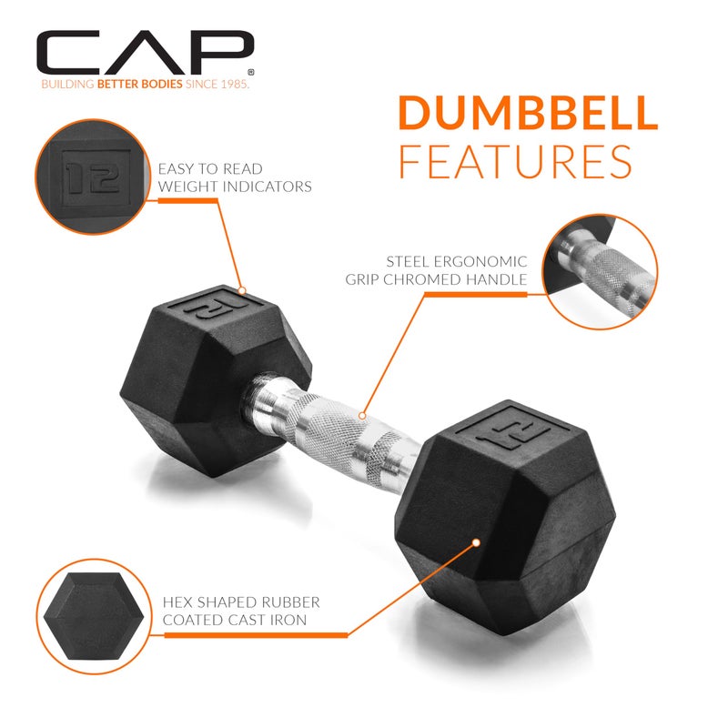 CAP Barbell 12 LB Rubber Coated Hex Dumbbell Hand Weight - Single | Chrome Handle - Image 3