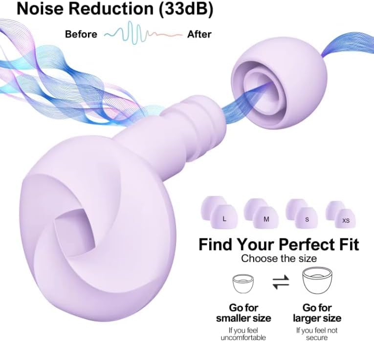 Onomie Loop Earplugs for Noise Reduction High Fidelity Ear Protection for Concerts, Work, Noise Reduction, Studying, Musicians, Motorcycles, Relaxation - SNR 33 Filter Sound Blocking - Reusable Flexible Earplugs for Sleep - Travel , 4 Ear Tips in XS,S,M, L (Purple, Free Size) - Image 2