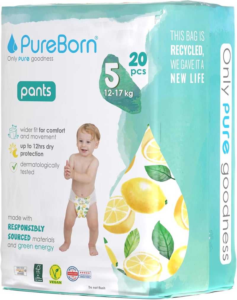 حفاضات الأطفال القابلة للسحب من PureBorn Baby Dry مناسبة للأطفال | المقاس -5 | عبوة فردية | 20 قطعة | حماية ليلاً ونهارًا | مختبرة جلدياً | فائقة النعومة | - Image 2
