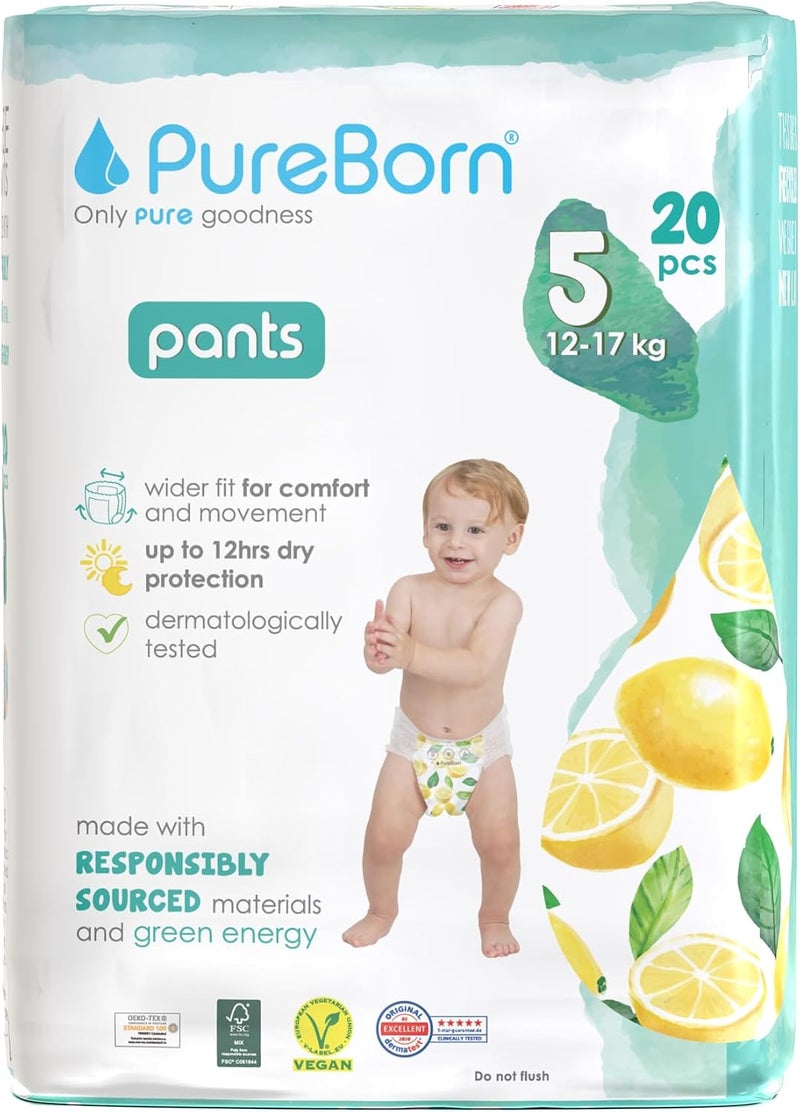 حفاضات الأطفال القابلة للسحب من PureBorn Baby Dry مناسبة للأطفال | المقاس -5 | عبوة فردية | 20 قطعة | حماية ليلاً ونهارًا | مختبرة جلدياً | فائقة النعومة | - Image 1