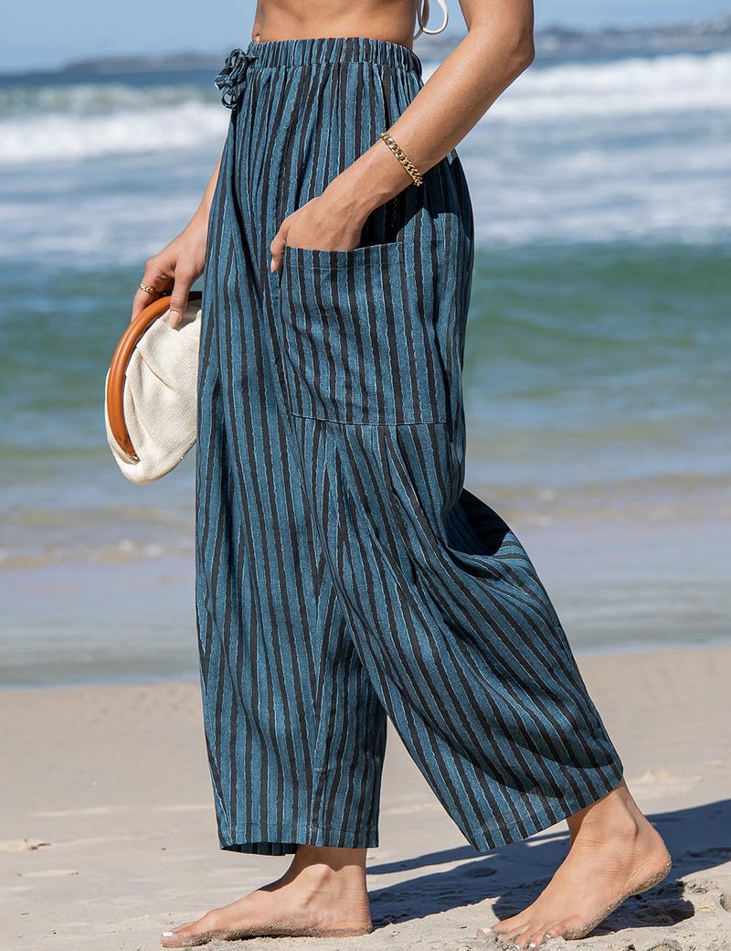 TARSE Womens Linen Wide Leg Pants Casual Loose Drawstring Low Waist Beach Palazzo Harem Pants with Pockets(Striped,M) - Image 4