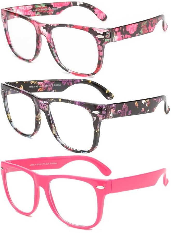 Owl 3 pack Anti Blue Ray Kids Blue Light Glasses for Kids Blocking Glasses & Test Accessories Non Prescription, Pinkfloral_pink_black, Medium - Image 1