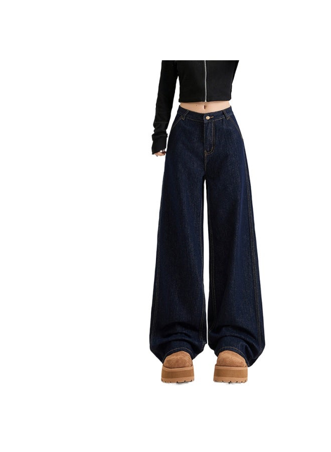 هابي لون الدنيم سراويل الجينز النسائية عالية الخصر واسعة الساق في خريف نمط جديد مظهر فضفاض نحيل طول الأرضية سراويل مستقيمة - Image 1