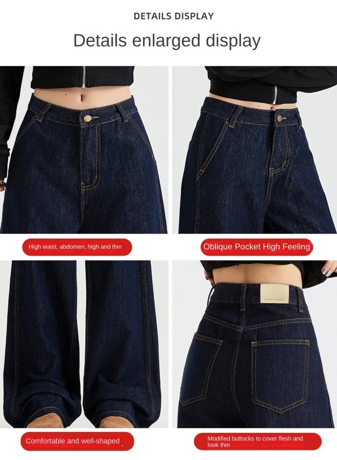 هابي لون الدنيم سراويل الجينز النسائية عالية الخصر واسعة الساق في خريف نمط جديد مظهر فضفاض نحيل طول الأرضية سراويل مستقيمة - Image 2