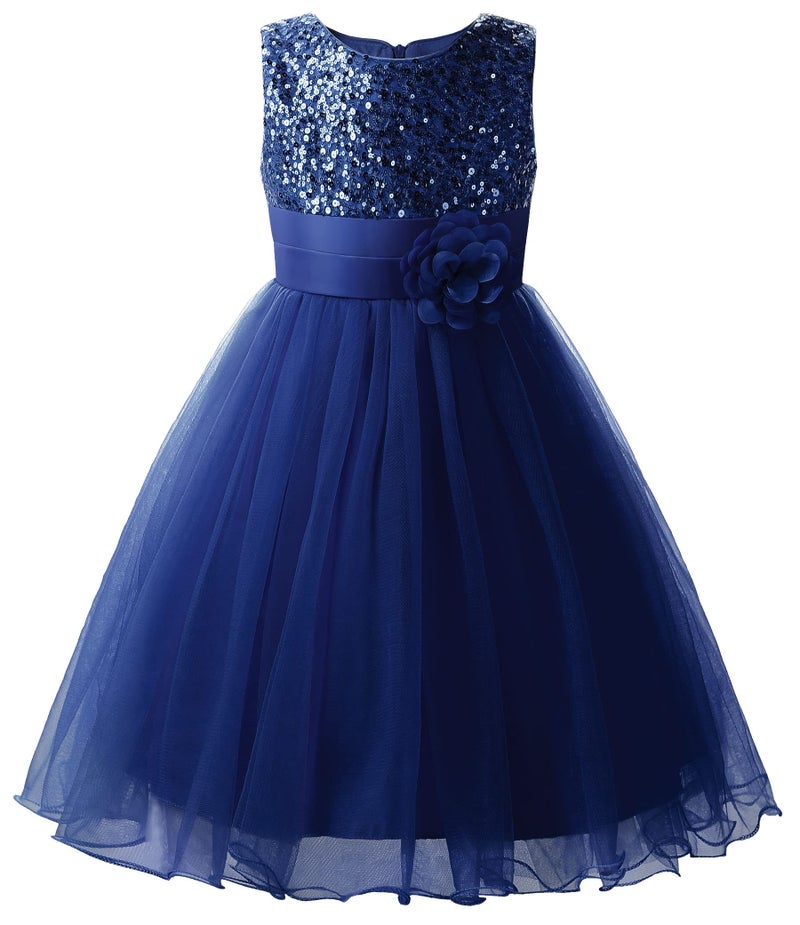 Uhnice Sequin Sleeveless Tulle Mesh Flower Girl Party Dress (7, Navy Blue) - Image 1