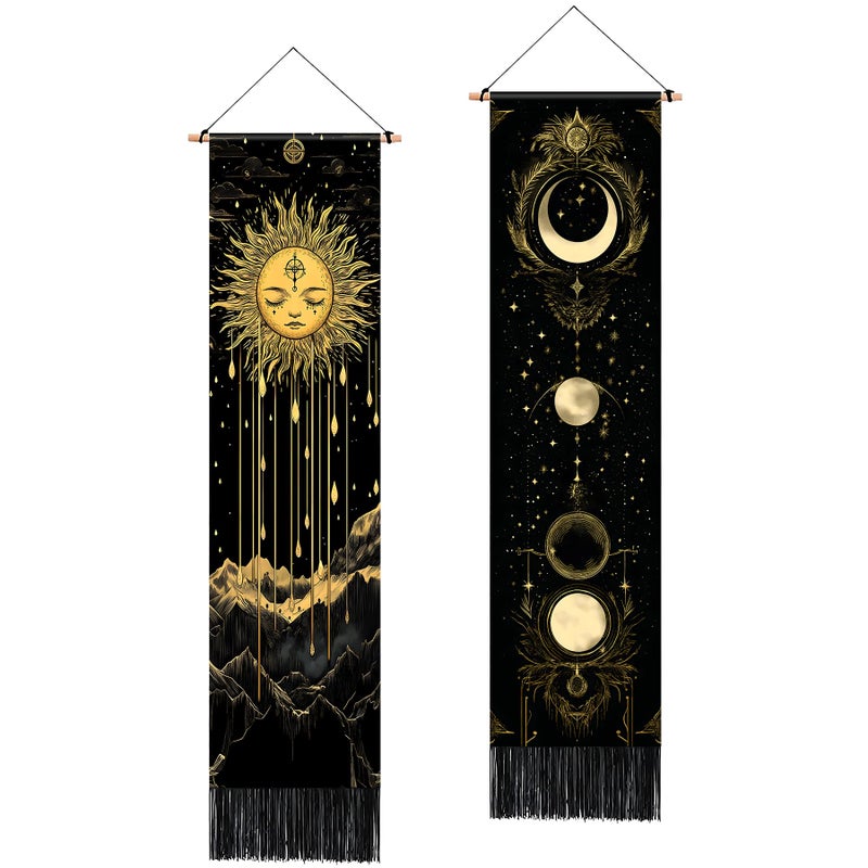 AOHMPT Pack of 2 Long Vertical Tapestry,Nature Landscape Tapestry with Serene Mountain River, Moon & Sun Motifs,Traditional Ink Painting Wall Art,Zen Aesthetic Wall Hanging for Living Room Bedroom Decor 13" W x 51" H" - Image 1