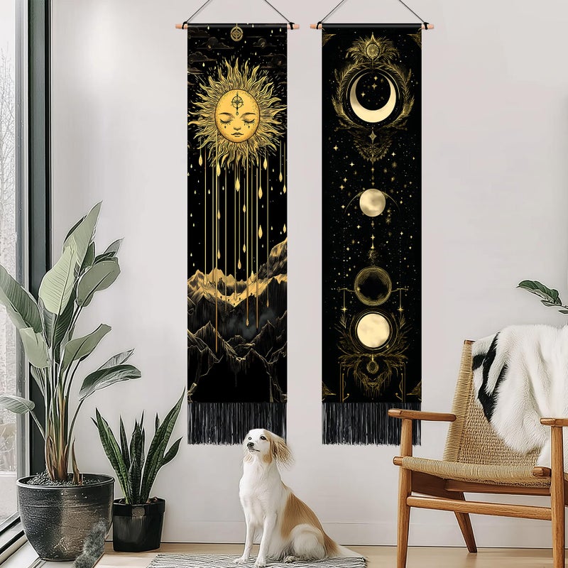 AOHMPT Pack of 2 Long Vertical Tapestry,Nature Landscape Tapestry with Serene Mountain River, Moon & Sun Motifs,Traditional Ink Painting Wall Art,Zen Aesthetic Wall Hanging for Living Room Bedroom Decor 13" W x 51" H" - Image 2