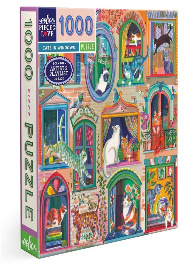 eeBoo Cats in Window 1000 Piece Square Jigsaw Puzzle, 23" x 23" - Image 1