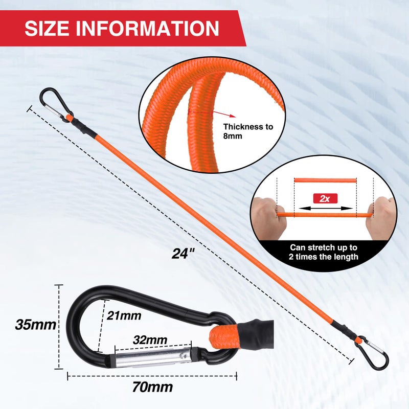 WORKPRO 24 Inch Bungee Cords with Hooks, 4 Pack Superior Rubber Heavy Duty Bungee Straps Strong Elastic Rope for Outdoor Tent, Luggage Rack, Camping, Cargo, RV, Bike, Transporting, Storage, Orange - Image 2