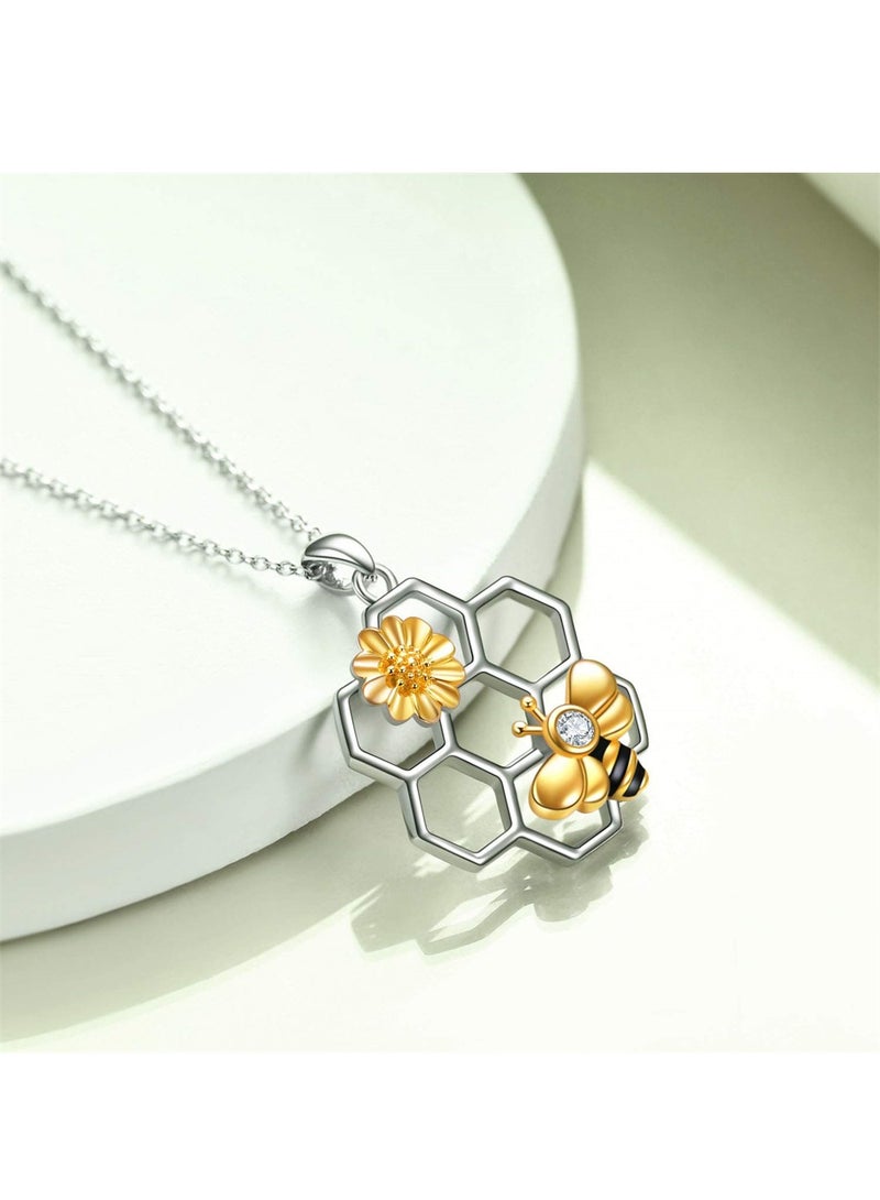Excefore Bee Necklace, Sterling Silver Cute Animal Honeycomb Bumble Bee Necklace Geometric Honey Bee Pendant Necklace with Sunflower Jewellery Gifts for Women Girls - Image 5
