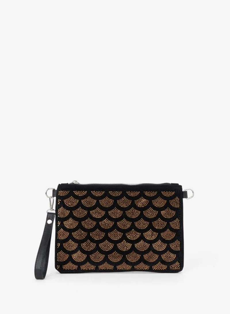 Women's Yelpazer gold‑studded suede wrist strap and chain strap portfolio handbag and clutch.