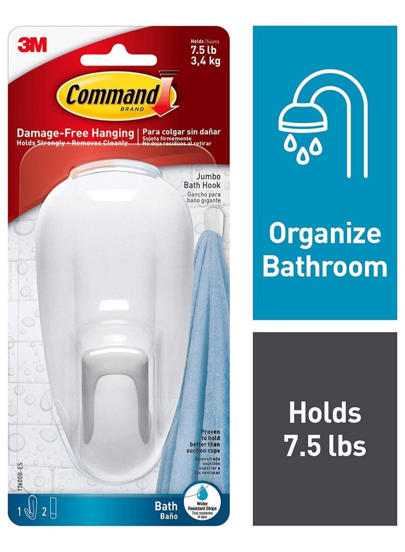 Command Jumbo Bathroom Wall Hook With Water-Resistant Adhesive Strips - Image 1