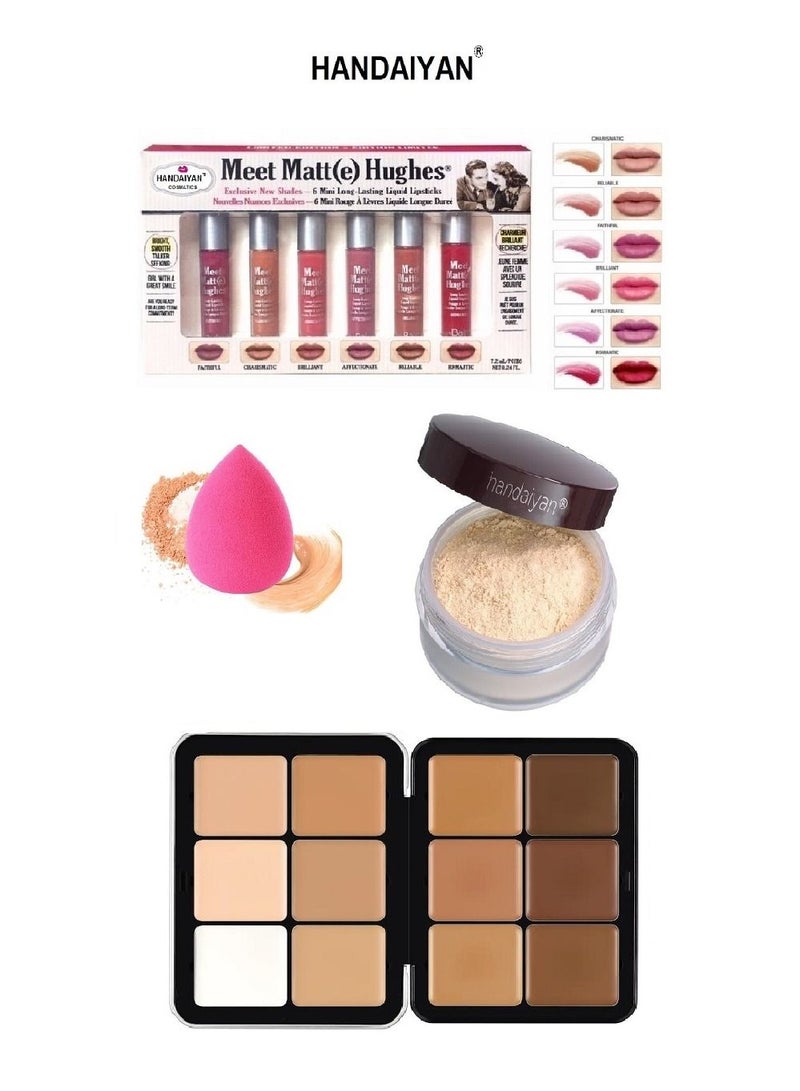 Handaiyan Face Makeup Essentials Set: Sponge + Loose Powder + Creamy Contour Palette + Lipstick Set - Image 1