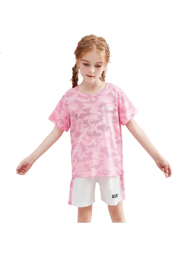Ask Junior Girls' Set, Summer Thin Short-Sleeve T-Shirt, Children'S Quick-Dry Running Two-Piece Set, Pink, 170 - Image 3