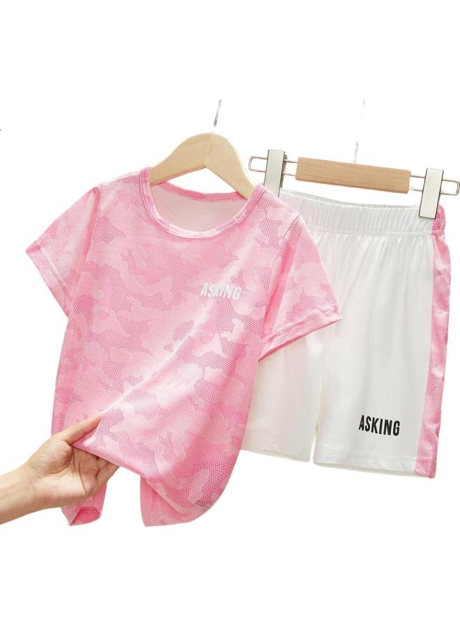 Ask Junior Girls' Set, Summer Thin Short-Sleeve T-Shirt, Children'S Quick-Dry Running Two-Piece Set, Pink, 170 - Image 1