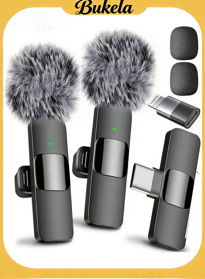 Wireless Microphone Lavalier Microphone Karaoke, Plug-Play Lapel Clip-On Mic with Noise Reduction Compatible with iPhone/ iPad/ Android Phone/Laptop for Video Recording/Live Steam/ Interview/ TikTok/ YouTube(2 Mics)