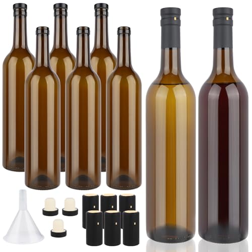 GUANENA 8 Pack 750ml Dark Amber Glass Bottles with Cork Lids and PVC Shrink Capsules, Empty Home Brewing Wine Bottles with Funnel for Sparkling Wine, Juice, Kombucha, Beverages - Image 1