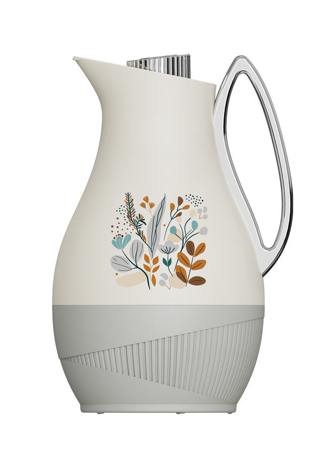 GAZELLA Tea/Coffee Flask 1 Liter Ivory/Grey With Silver Handle, Borosilicate Glass Inside, Double Wall Vacuum