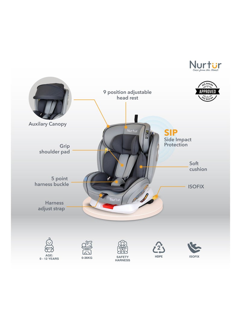 Nurtur Ultra Baby 4 in 1 Car Seat  ISOFIX  9-Level Adjustable Headrest and Canopy  Upto 36kg Shiny Grey - Image 3