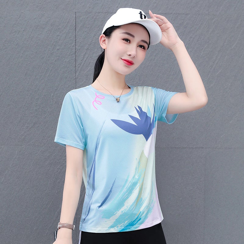 Ice Silk Elastic Quick-Drying Casual Short-Sleeve Round Neck Printed T-Shirt Women'S Summer Mesh Breathable Straight Sports T-Shirt - Image 1