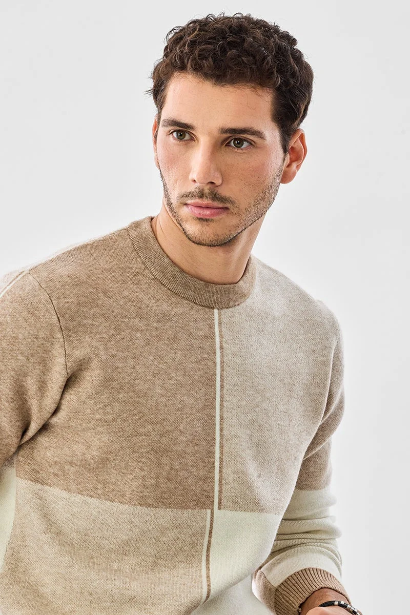 سنيتش Beige Colour Blocked Long Sleeve Regular Fit Sweater