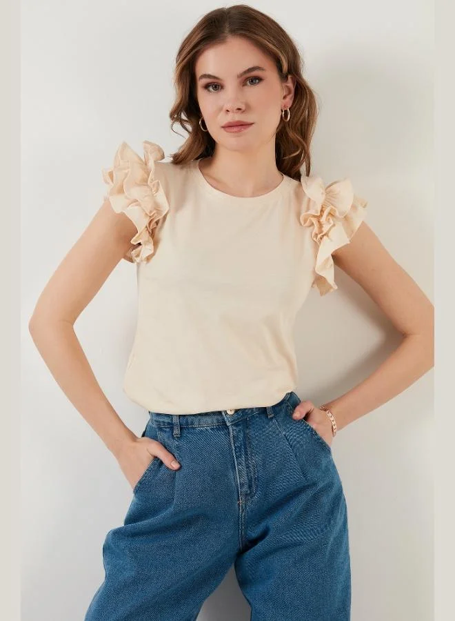 Lela Lela Cotton Slim Fit Crew Neck T-Shirt with Ruffled Sleeves Women's T-Shirt 5864500
