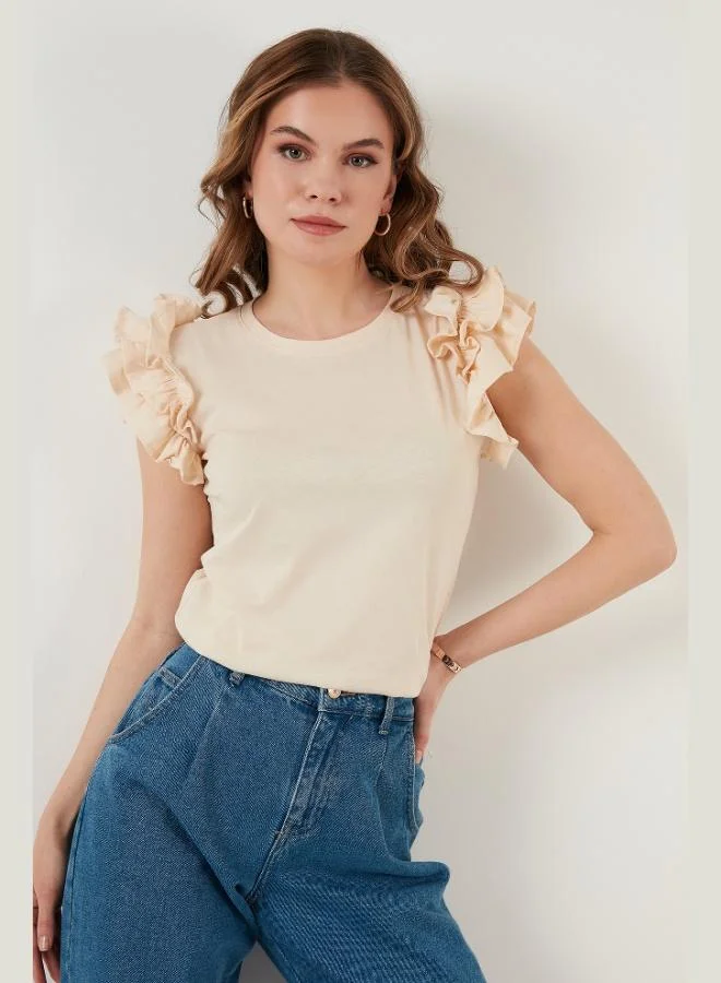 ليلا تيشيرت نسائي قطن بياقة دائرية وأكمام مكشكشة بقصة ضيقة من ليلا